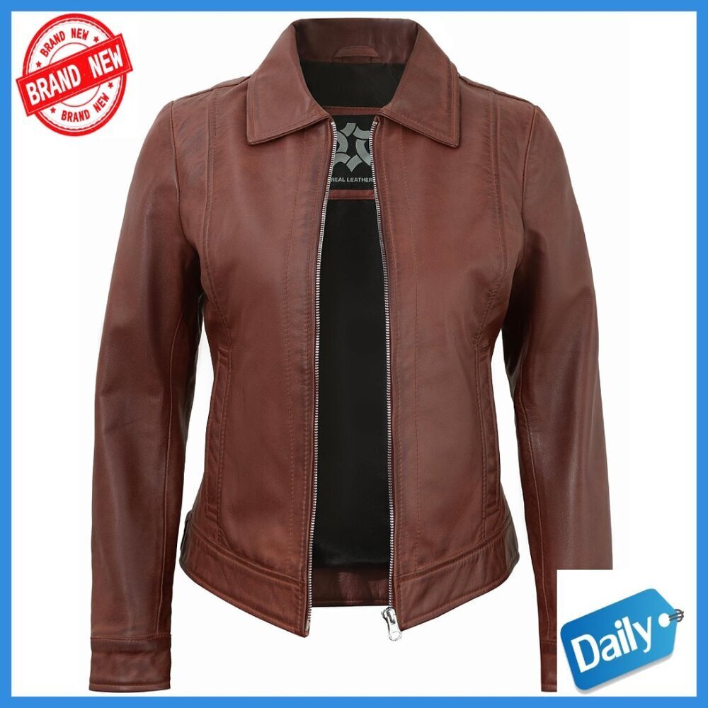 Vintage Lambskin Leather Jacket Women's Regular Fit Turn Down Collar